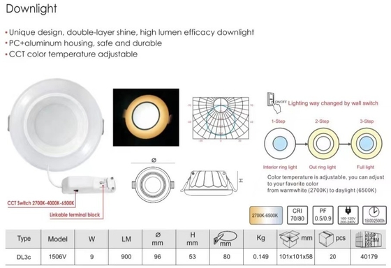 100lm/w 3단계 2700K-6500K 내부 조명 Muare Recesseini 트랙 벽 세척기 스포트라이트 LED 다운라이트 천장 렉세스 코브 다운 라이트