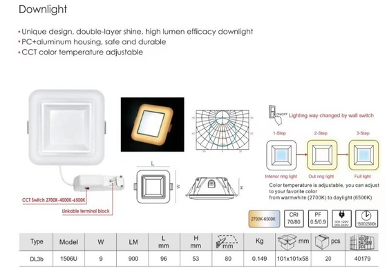 100lm/w 3단계 2700K-6500K 내부 조명 Muare Recesseini 트랙 벽 세척기 스포트라이트 LED 다운라이트 천장 렉세스 코브 다운 라이트