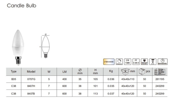 LED 촛불 전구 6W CRI Ra 80-90 높은 지원 디머 사용자 정의 가능한 E14 실내 조명