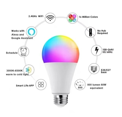 15000 시간 작동 시간 Tuya 스마트 LED 전구 다채로운 RGBCW 및 BT 제어