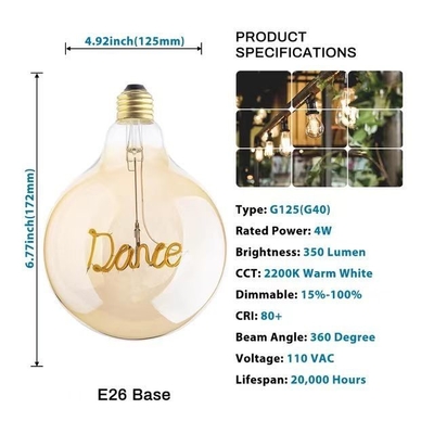 4W 디머블 LED 필라멘트 전구 G125 시리즈 안녕하세요 사랑 편지 기본 유리 맑은 앰버
